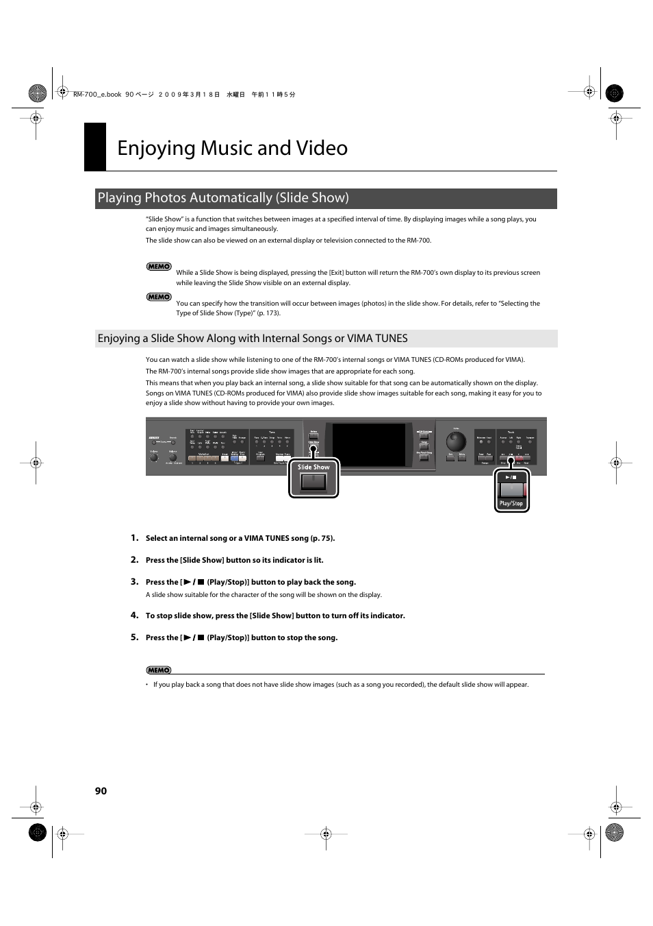 Enjoying music and video, Playing photos automatically (slide show), P. 90, p. 94 | Roland RM-700 User Manual | Page 89 / 238