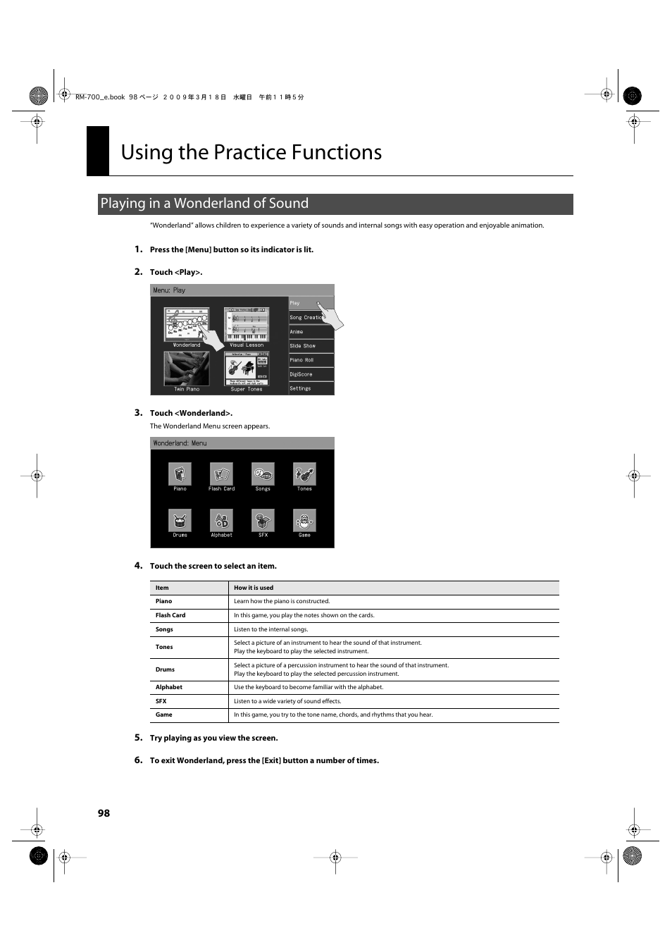 Using the practice functions, Playing in a wonderland of sound, P. 98 | Roland RM-700 User Manual | Page 97 / 238