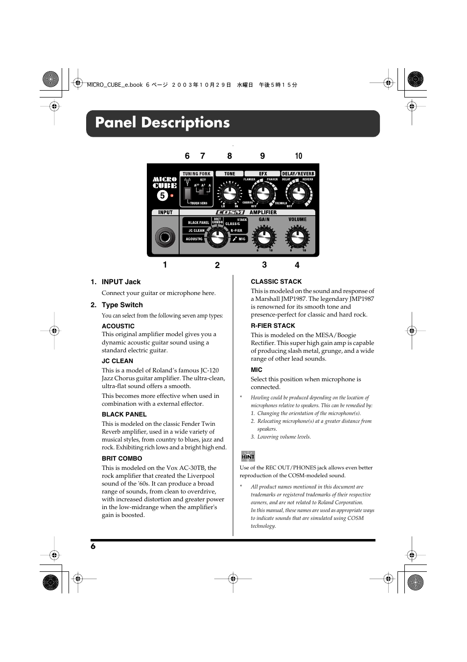 Panel descriptions | Roland MICRO CUBE Guitar Amplifier User Manual | Page 6 / 12