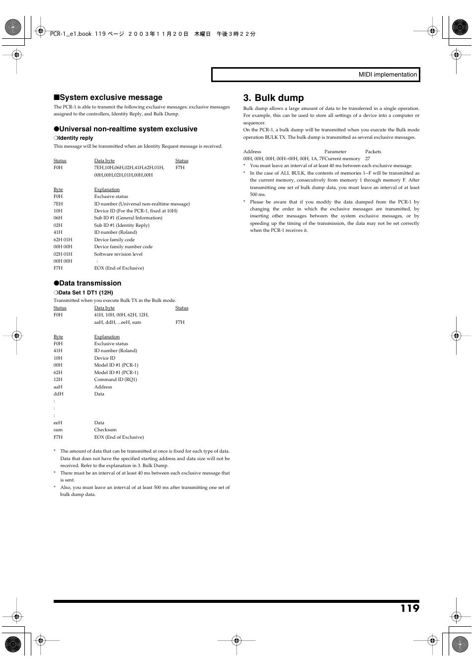 Bulk dump, System exclusive message, Universal non-realtime system exclusive | Data transmission | Roland PCR-1 User Manual | Page 119 / 128