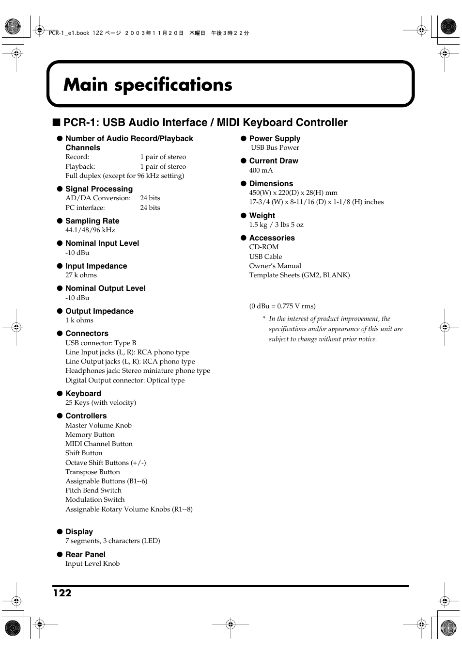Main specifications, P. 122 | Roland PCR-1 User Manual | Page 122 / 128