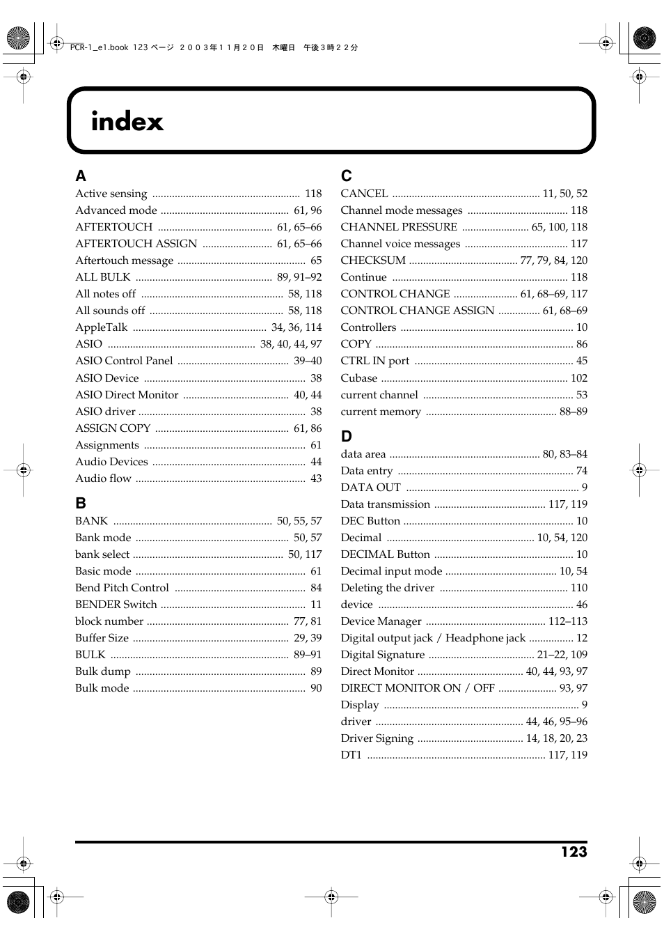 Index | Roland PCR-1 User Manual | Page 123 / 128