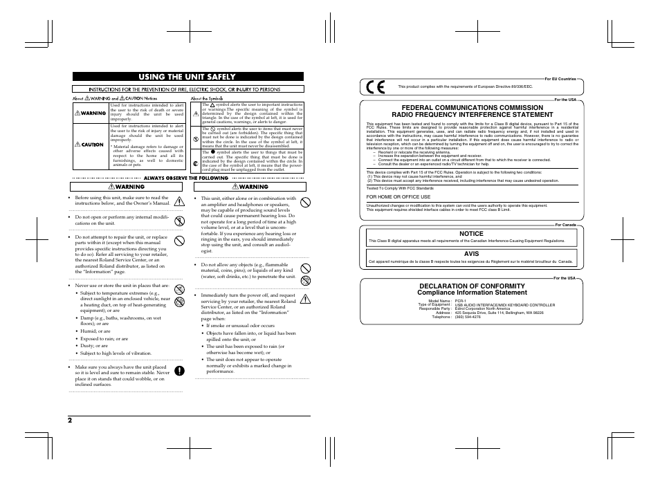 Notice avis | Roland PCR-1 User Manual | Page 2 / 128