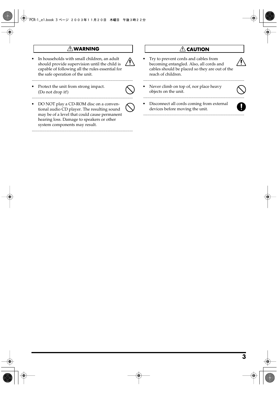 Using the unit safely | Roland PCR-1 User Manual | Page 3 / 128