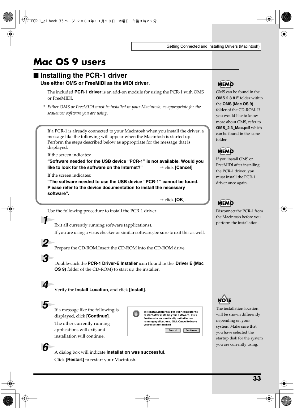Mac os 9 users, Installing the pcr-1 driver | Roland PCR-1 User Manual | Page 33 / 128