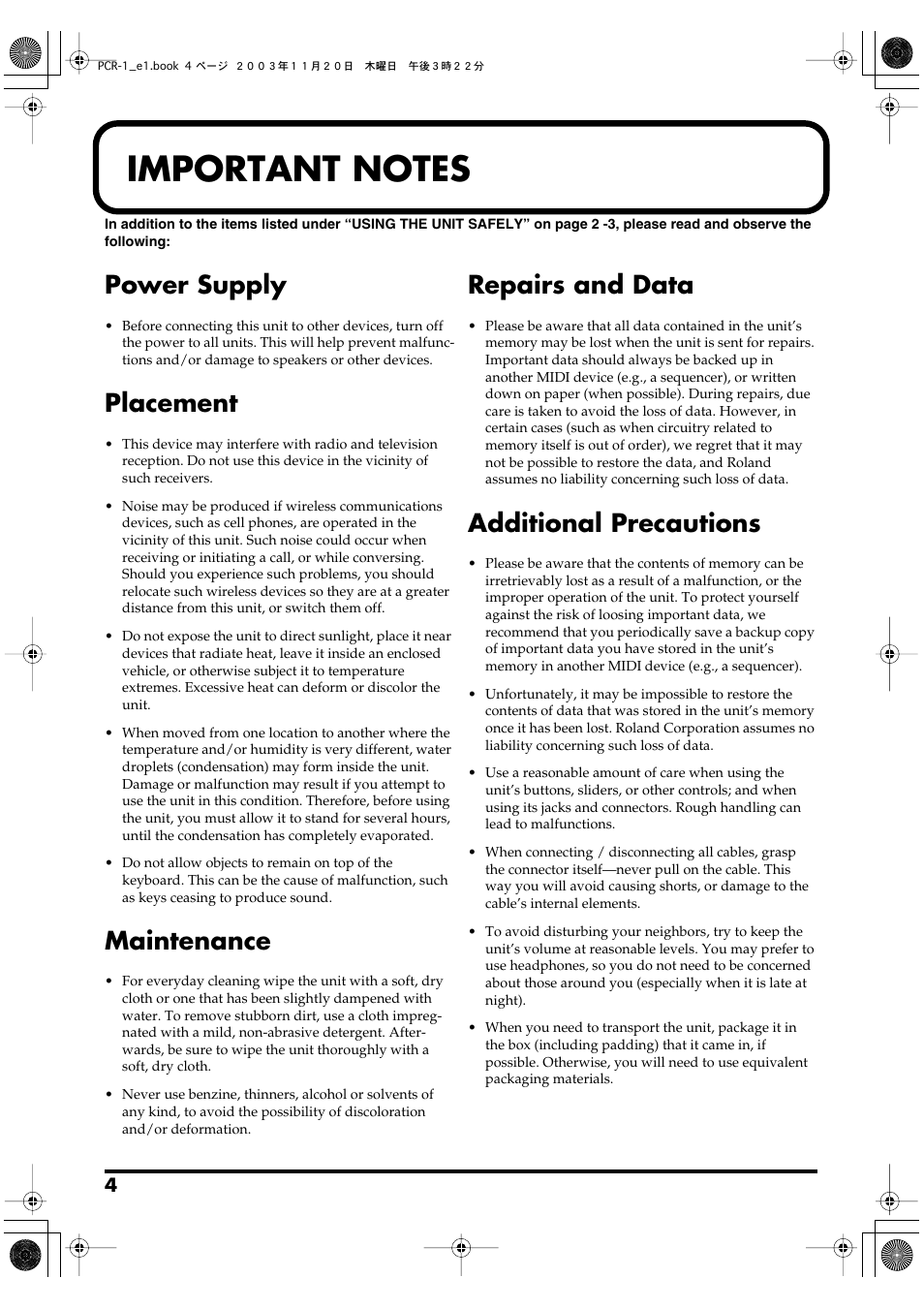 Important notes, Power supply, Placement | Maintenance, Repairs and data, Additional precautions | Roland PCR-1 User Manual | Page 4 / 128