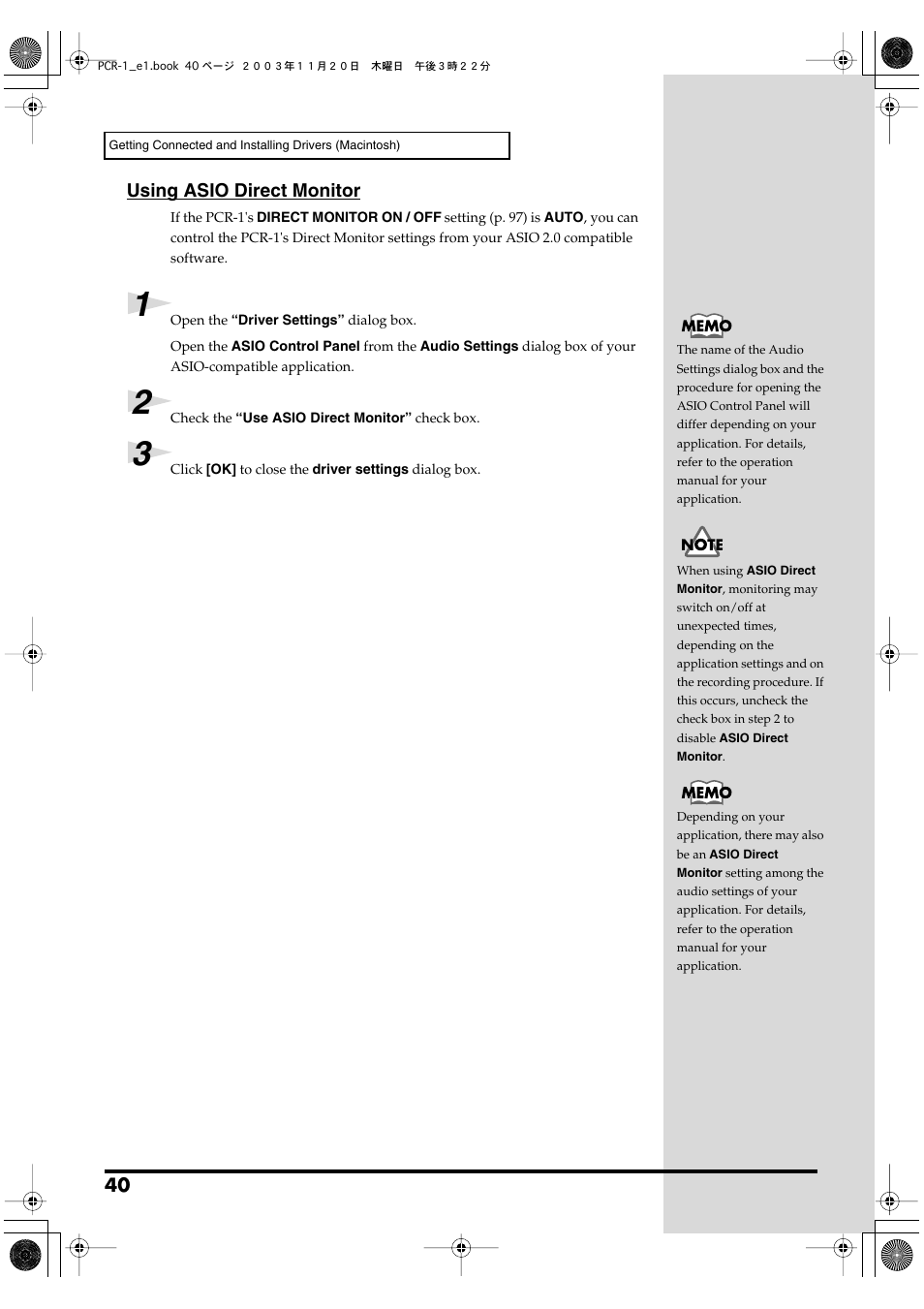 Using asio direct monitor | Roland PCR-1 User Manual | Page 40 / 128