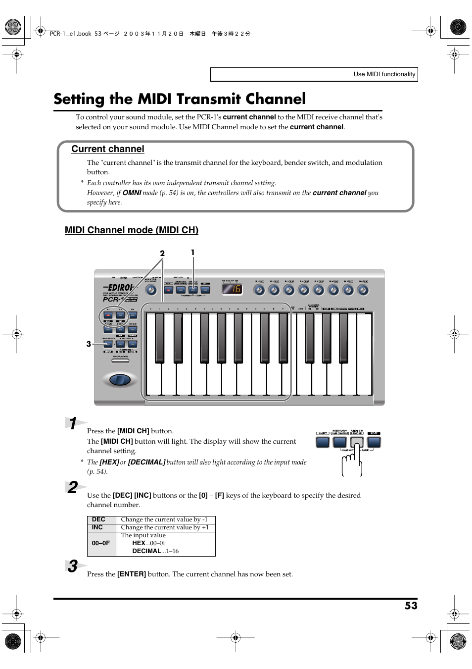 Setting the midi transmit channel, P. 53), Midi channel mode (midi ch) | P. 53)), Current channel | Roland PCR-1 User Manual | Page 53 / 128