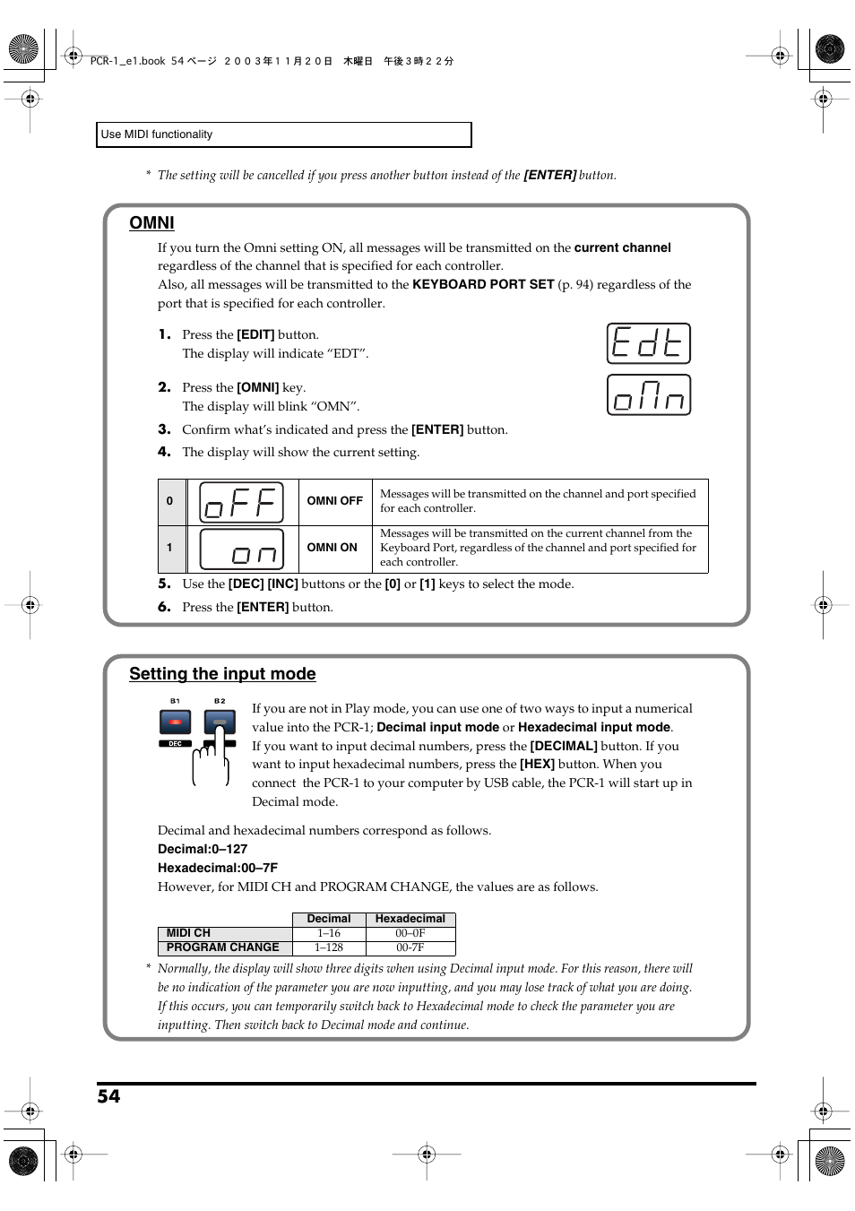 Omni, Setting the input mode | Roland PCR-1 User Manual | Page 54 / 128