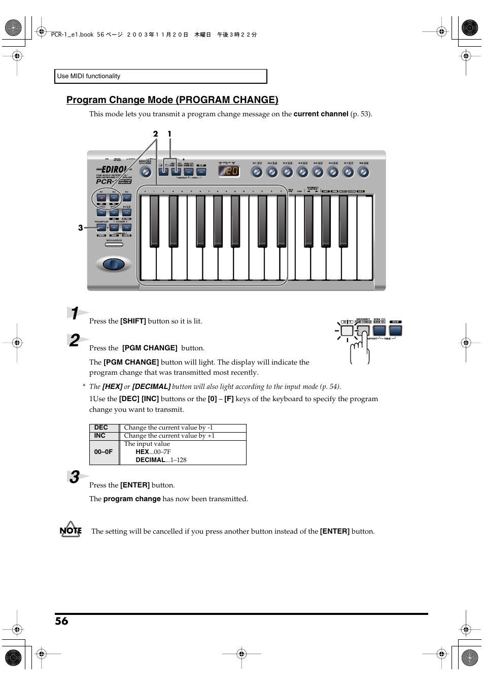 P. 56), Program change mode (program change) | Roland PCR-1 User Manual | Page 56 / 128