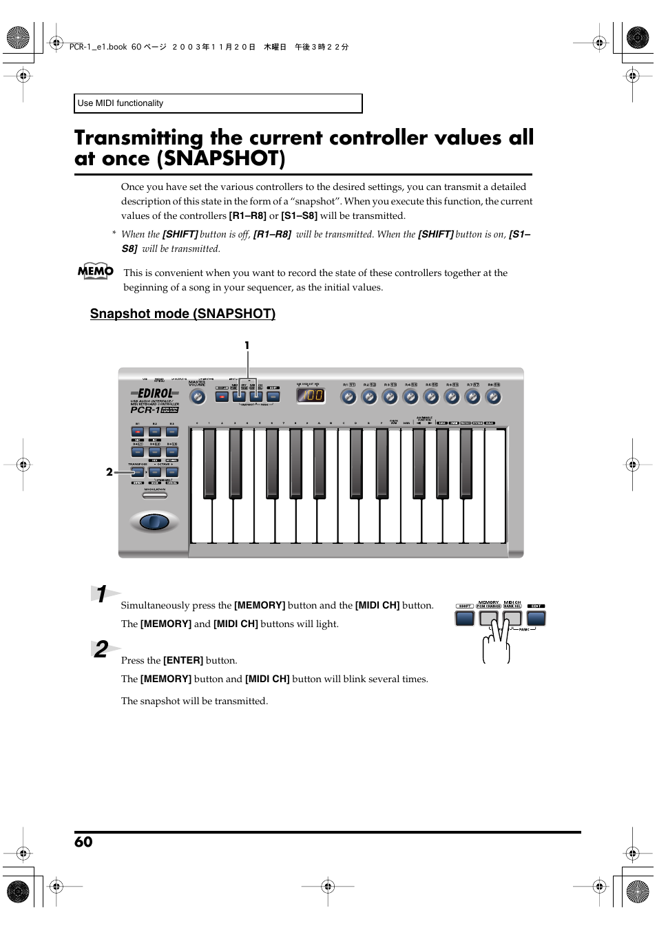 P. 60, P. 60), Snapshot mode (snapshot) | Roland PCR-1 User Manual | Page 60 / 128