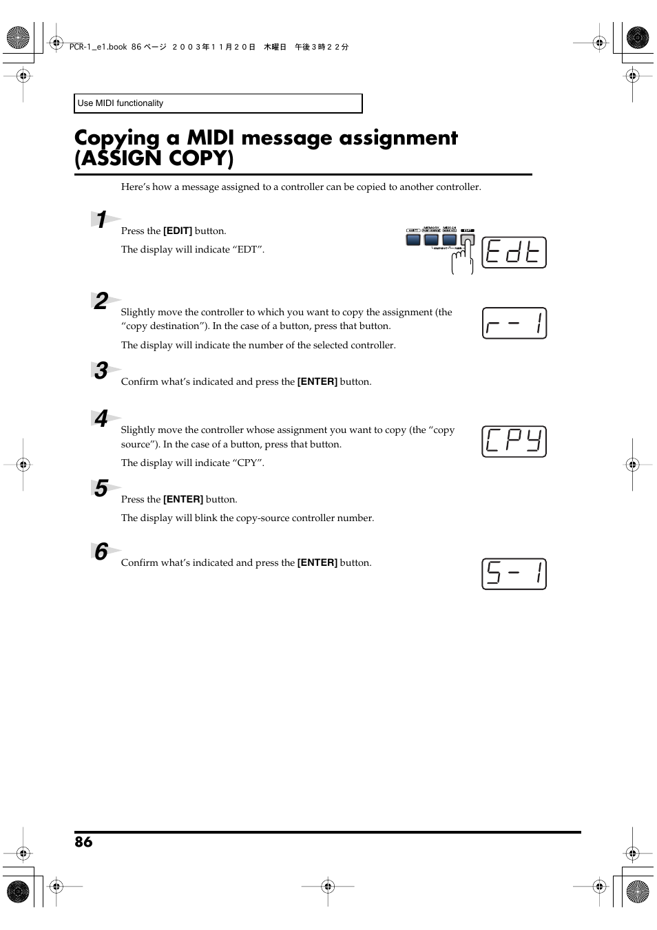 Copying a midi message assignment (assign copy), P. 86, Signment. for details, refer to | Copy, Ing a midi message assignment (assign copy), P. 86) or | Roland PCR-1 User Manual | Page 86 / 128