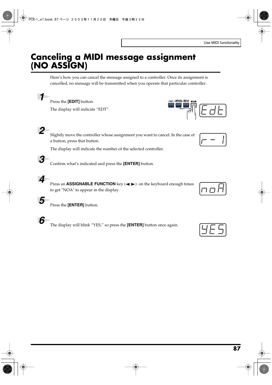 Canceling a midi message assignment (no assign), P. 87, Cancel | Ing a midi message assignment (no assign), P. 87) | Roland PCR-1 User Manual | Page 87 / 128