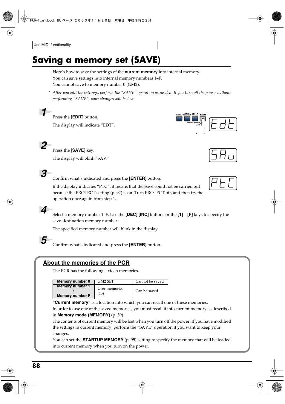 Saving a memory set (save), P. 88, P. 88) | Roland PCR-1 User Manual | Page 88 / 128