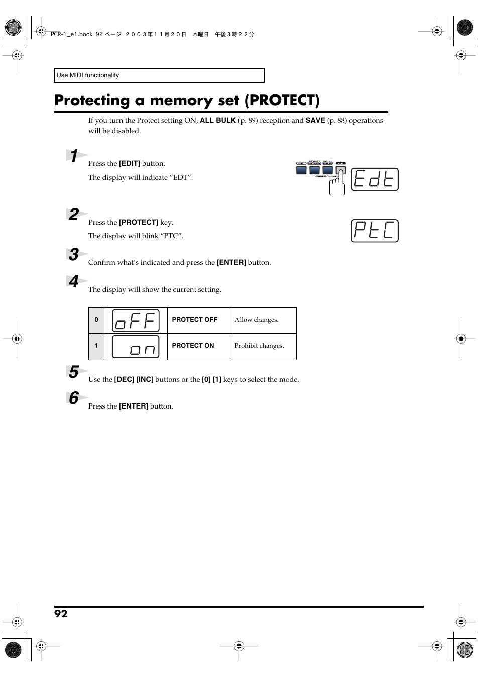 Protecting a memory set (protect), P. 92 | Roland PCR-1 User Manual | Page 92 / 128