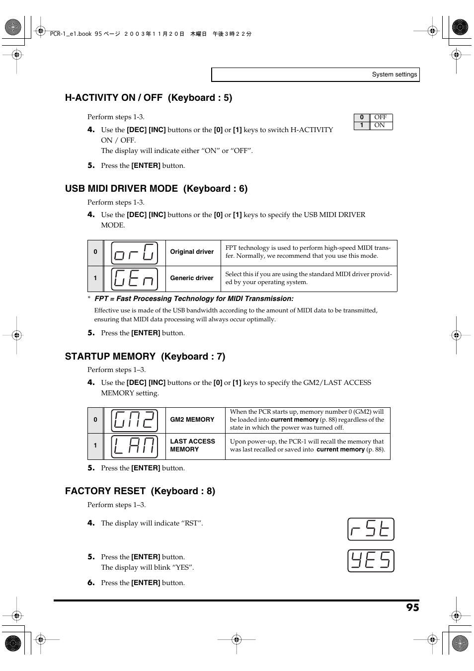 P. 95, H-activity on / off (keyboard : 5), Usb midi driver mode (keyboard : 6) | Factory reset (keyboard : 8) | Roland PCR-1 User Manual | Page 95 / 128