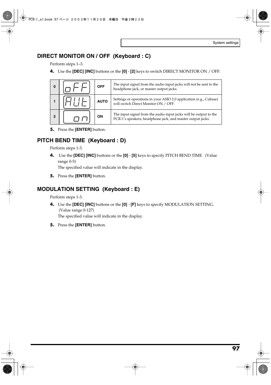 P. 97, P. 97) specifies the time it is to take for the, P. 97) specifies the value of the | Direct monitor on / off (keyboard : c), Pitch bend time (keyboard : d), Modulation setting (keyboard : e) | Roland PCR-1 User Manual | Page 97 / 128