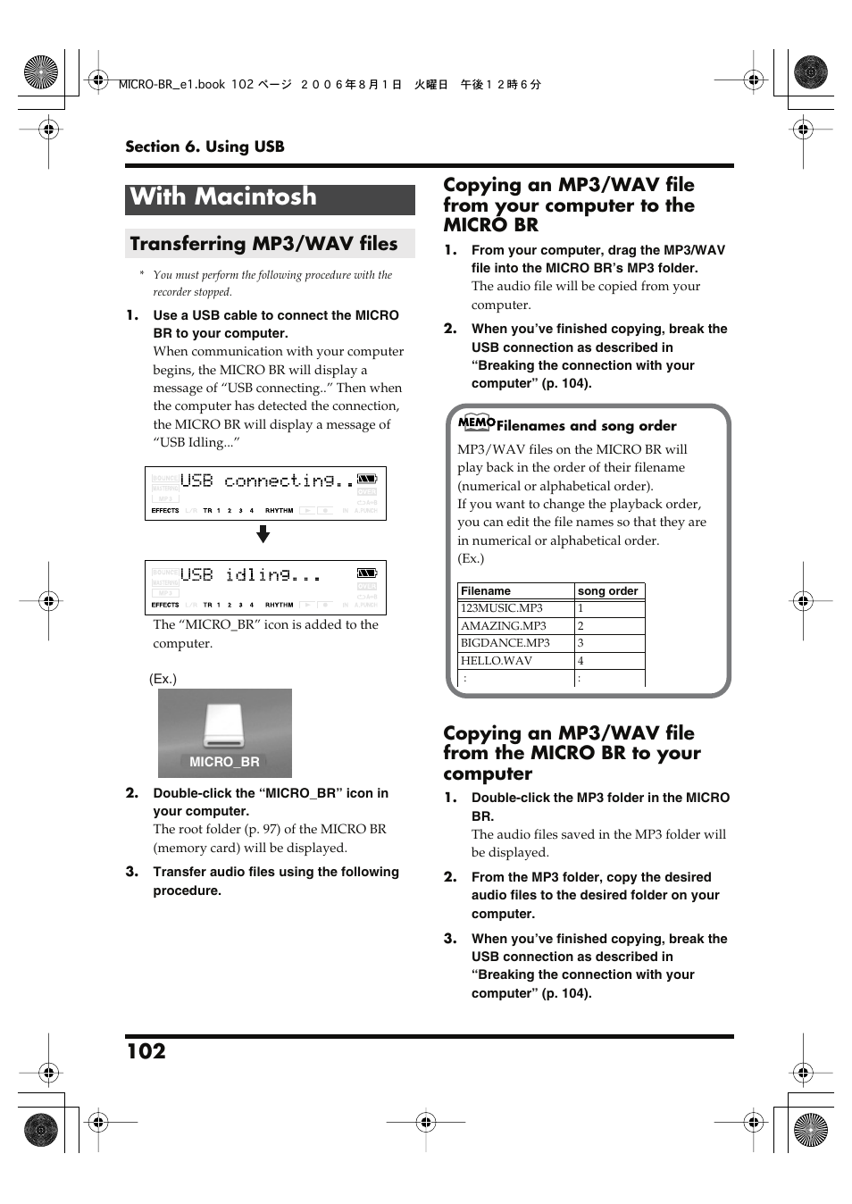 With macintosh, Transferring mp3/wav files | Roland BOSS DIGITAL RECORDER MICRO BR User Manual | Page 102 / 132