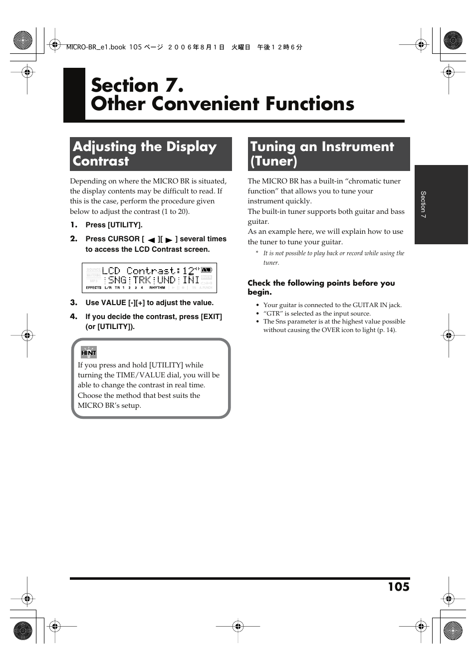 Section 7. other convenient functions, Adjusting the display contrast, Tuning an instrument (tuner) | Tuning an instrument (tuner)” (p. 105) | Roland BOSS DIGITAL RECORDER MICRO BR User Manual | Page 105 / 132