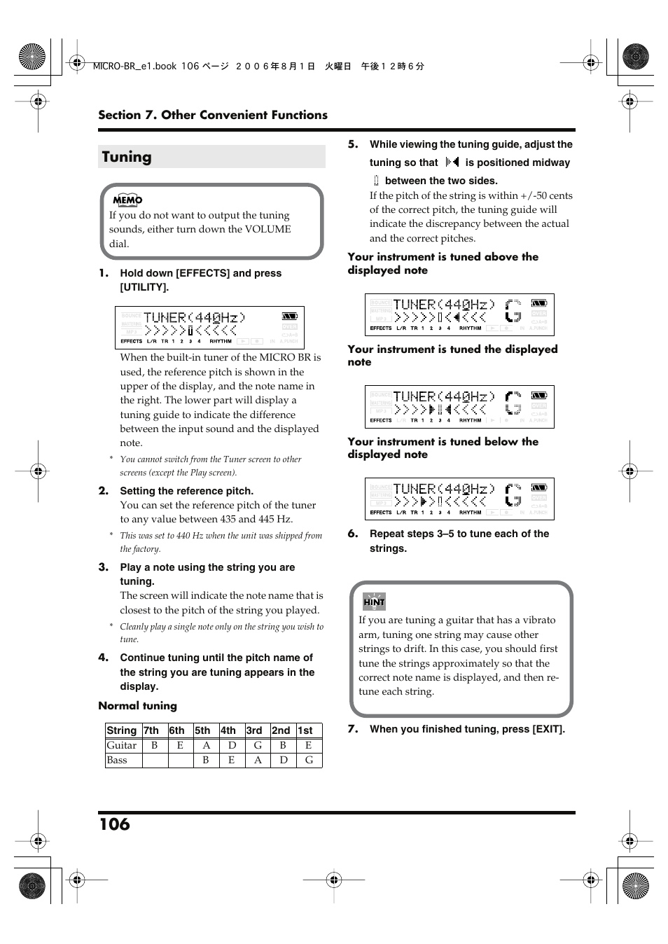 Tuning | Roland BOSS DIGITAL RECORDER MICRO BR User Manual | Page 106 / 132