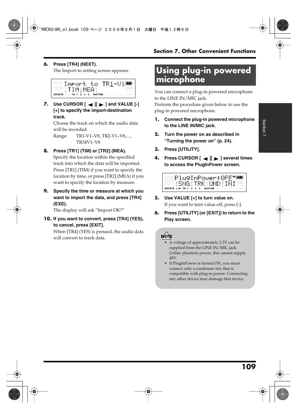 Using plug-in powered microphone, Using plug-in powered microphone” (p. 109) | Roland BOSS DIGITAL RECORDER MICRO BR User Manual | Page 109 / 132