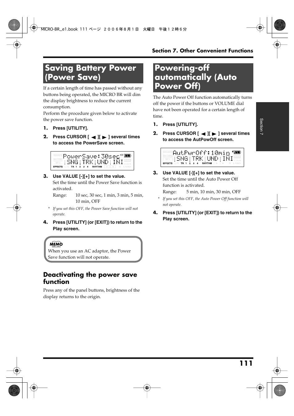 Saving battery power (power save), Powering-off automatically (auto power off), Deactivating the power save function | Roland BOSS DIGITAL RECORDER MICRO BR User Manual | Page 111 / 132