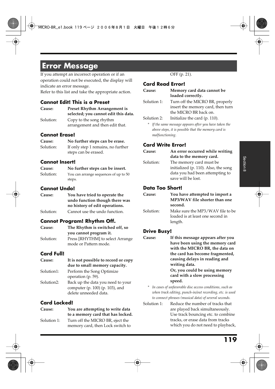 Error message | Roland BOSS DIGITAL RECORDER MICRO BR User Manual | Page 119 / 132