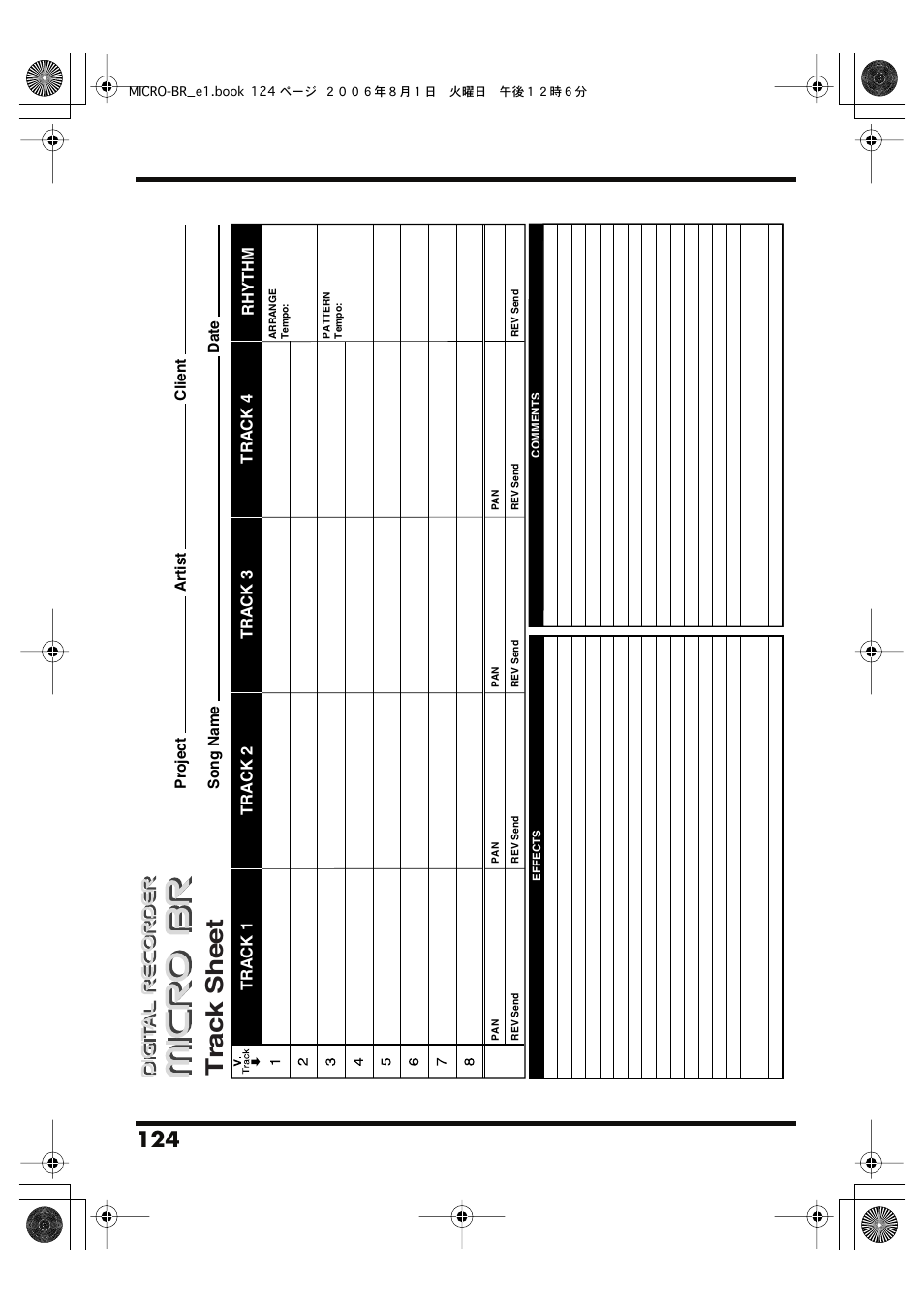 Track sheet, Use the “track sheet” (p. 124) provided at | Roland BOSS DIGITAL RECORDER MICRO BR User Manual | Page 124 / 132