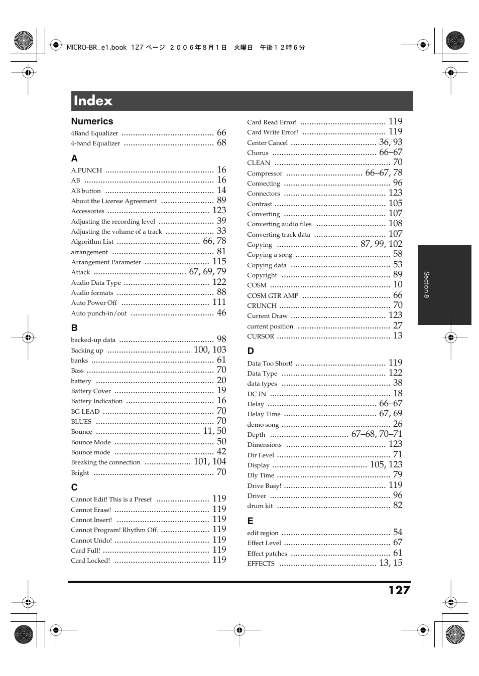 Index | Roland BOSS DIGITAL RECORDER MICRO BR User Manual | Page 127 / 132