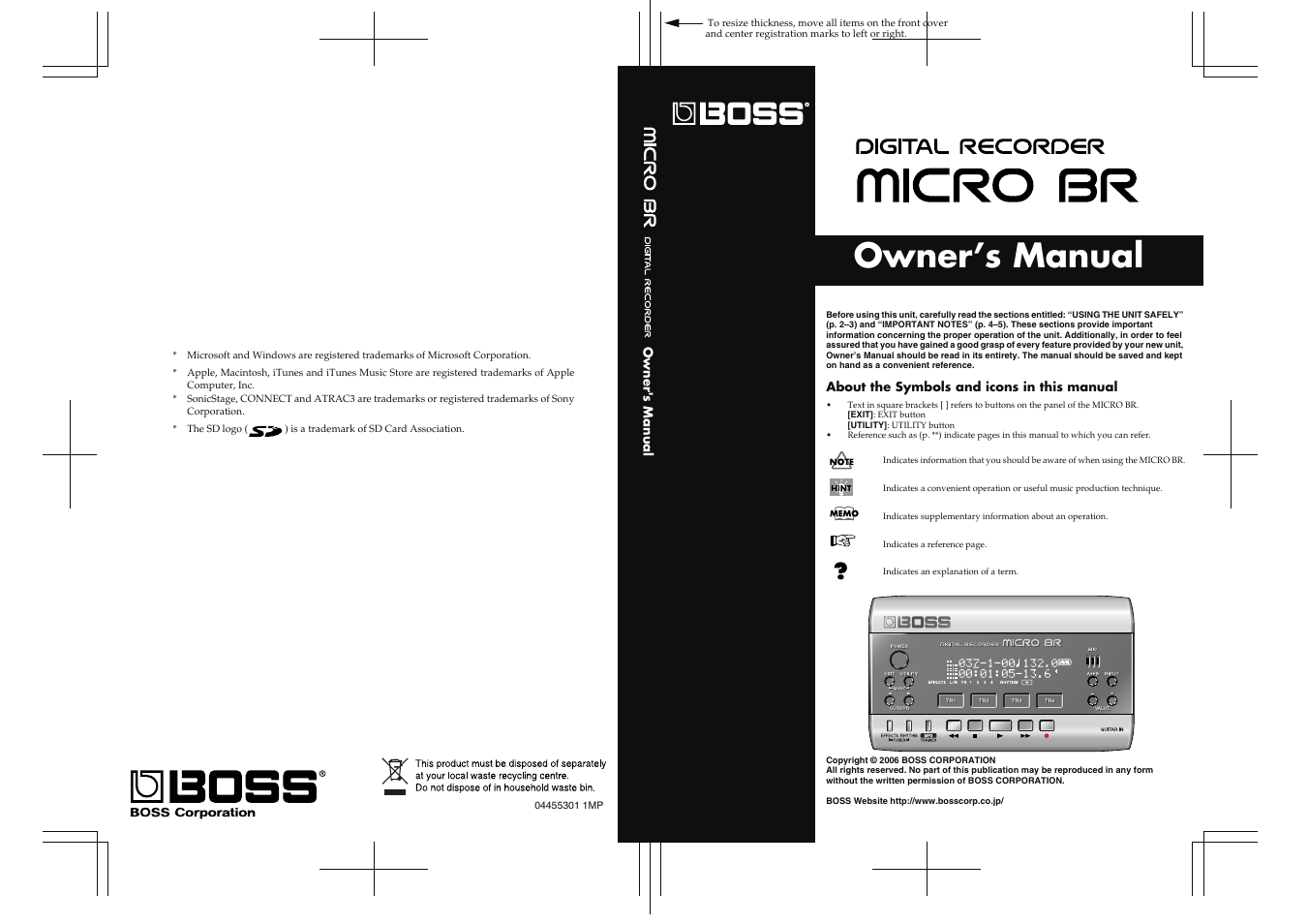 Owner’s manual, Owner's manual, About the symbols and icons in this manual | Roland BOSS DIGITAL RECORDER MICRO BR User Manual | Page 132 / 132