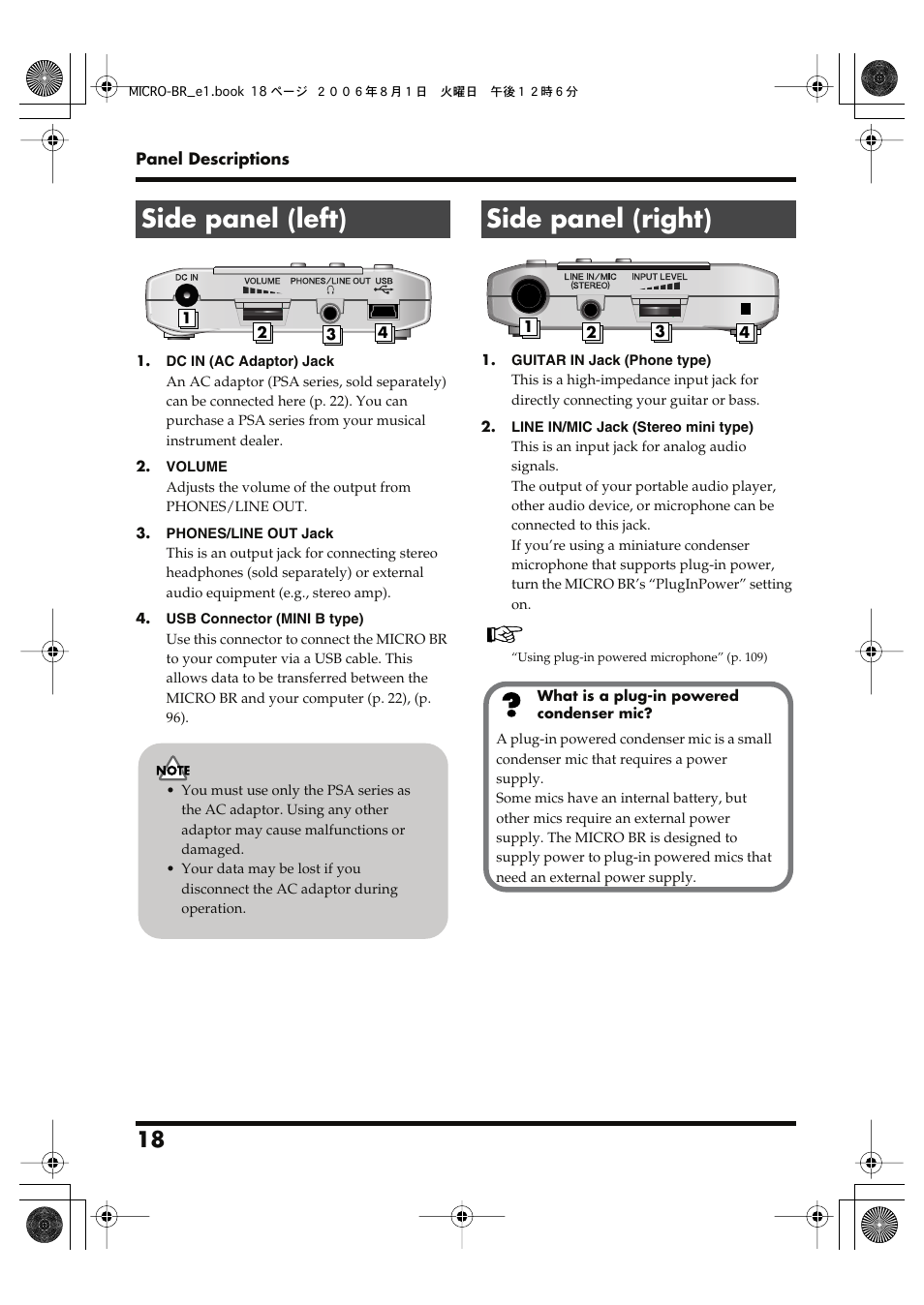 Side panel (left), Side panel (right), Side panel (left) side panel (right) | Roland BOSS DIGITAL RECORDER MICRO BR User Manual | Page 18 / 132