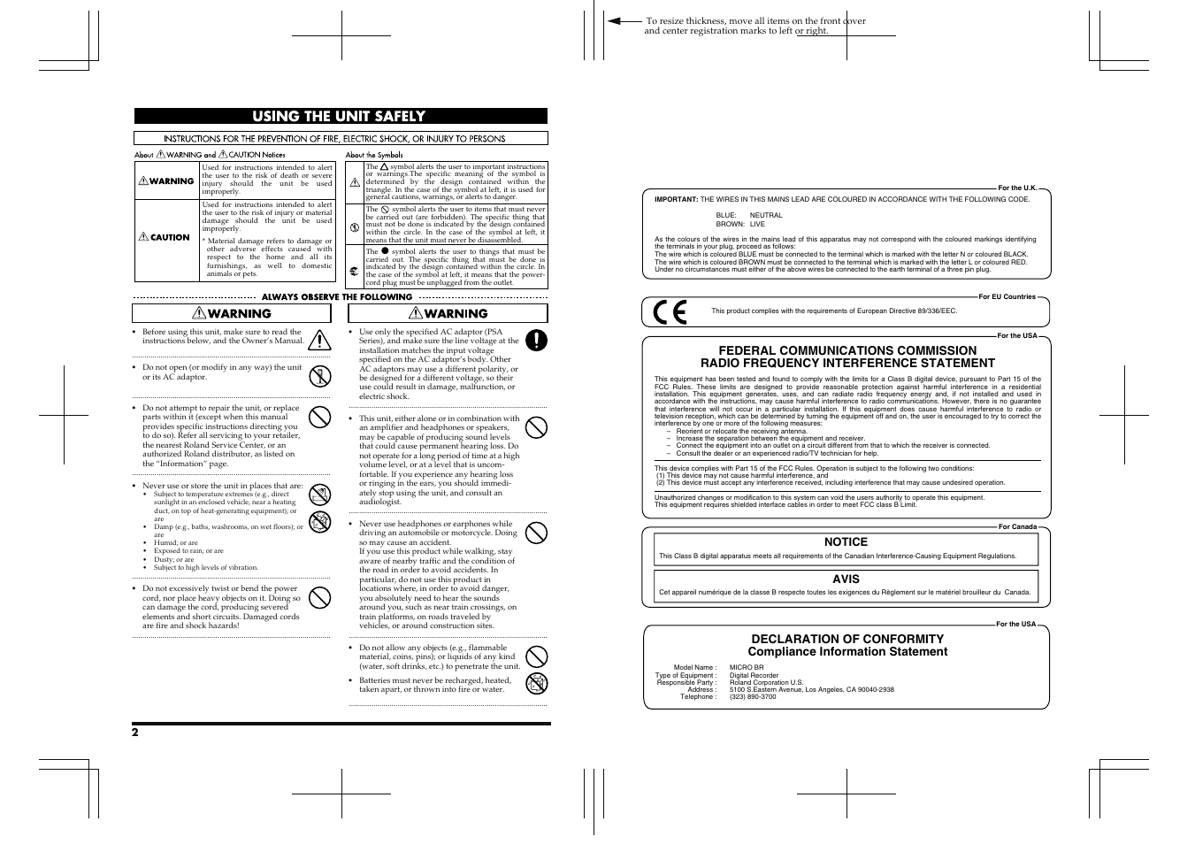 Using the unit safely, Notice avis | Roland BOSS DIGITAL RECORDER MICRO BR User Manual | Page 2 / 132