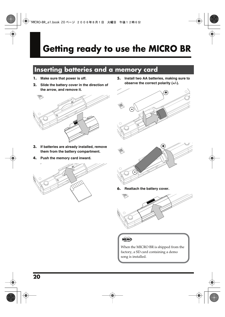 Getting ready to use the micro br, Inserting batteries and a memory card | Roland BOSS DIGITAL RECORDER MICRO BR User Manual | Page 20 / 132