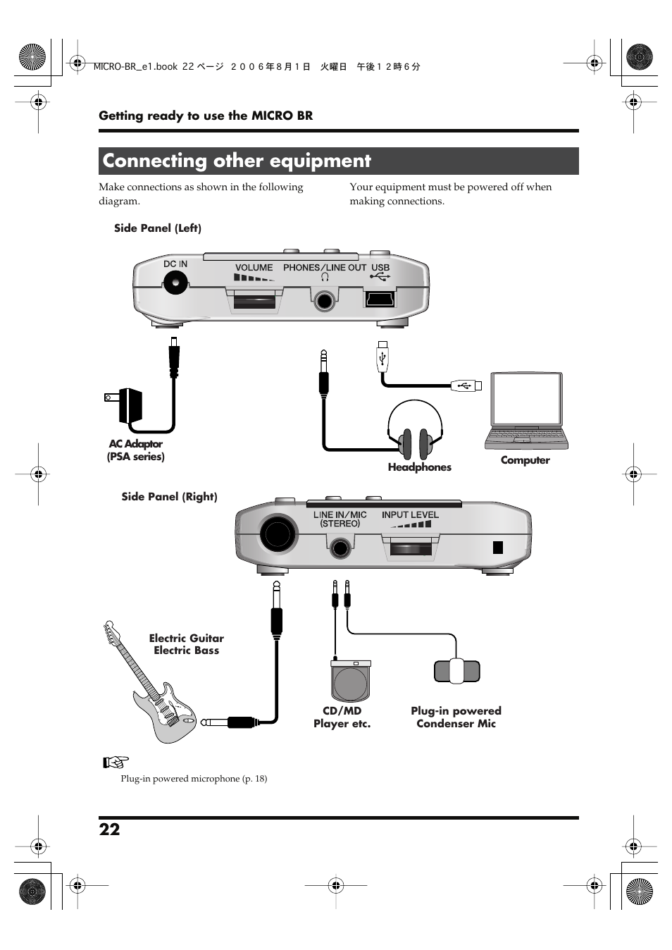 Connecting other equipment, Can be connected here (p. 22). you can, Micro br and your computer (p. 22), (p | Roland BOSS DIGITAL RECORDER MICRO BR User Manual | Page 22 / 132