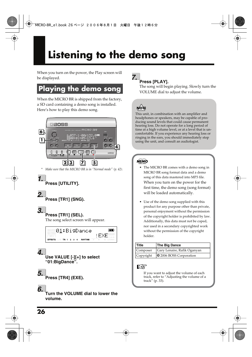 Listening to the demo song, Playing the demo song | Roland BOSS DIGITAL RECORDER MICRO BR User Manual | Page 26 / 132