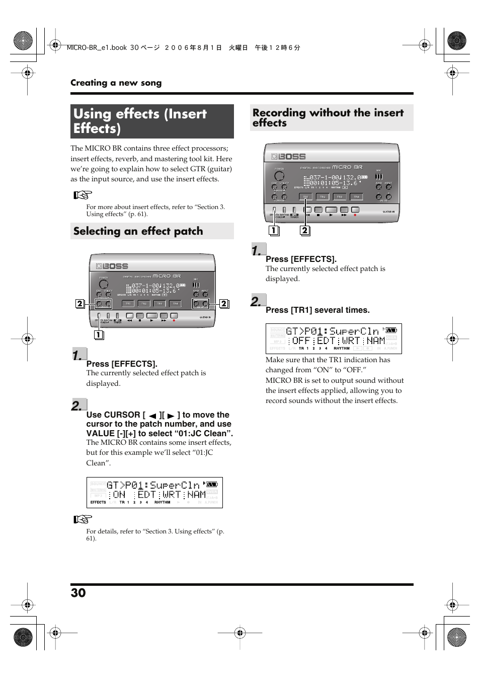 Using effects (insert effects), Selecting an effect patch, Recording without the insert effects | Roland BOSS DIGITAL RECORDER MICRO BR User Manual | Page 30 / 132