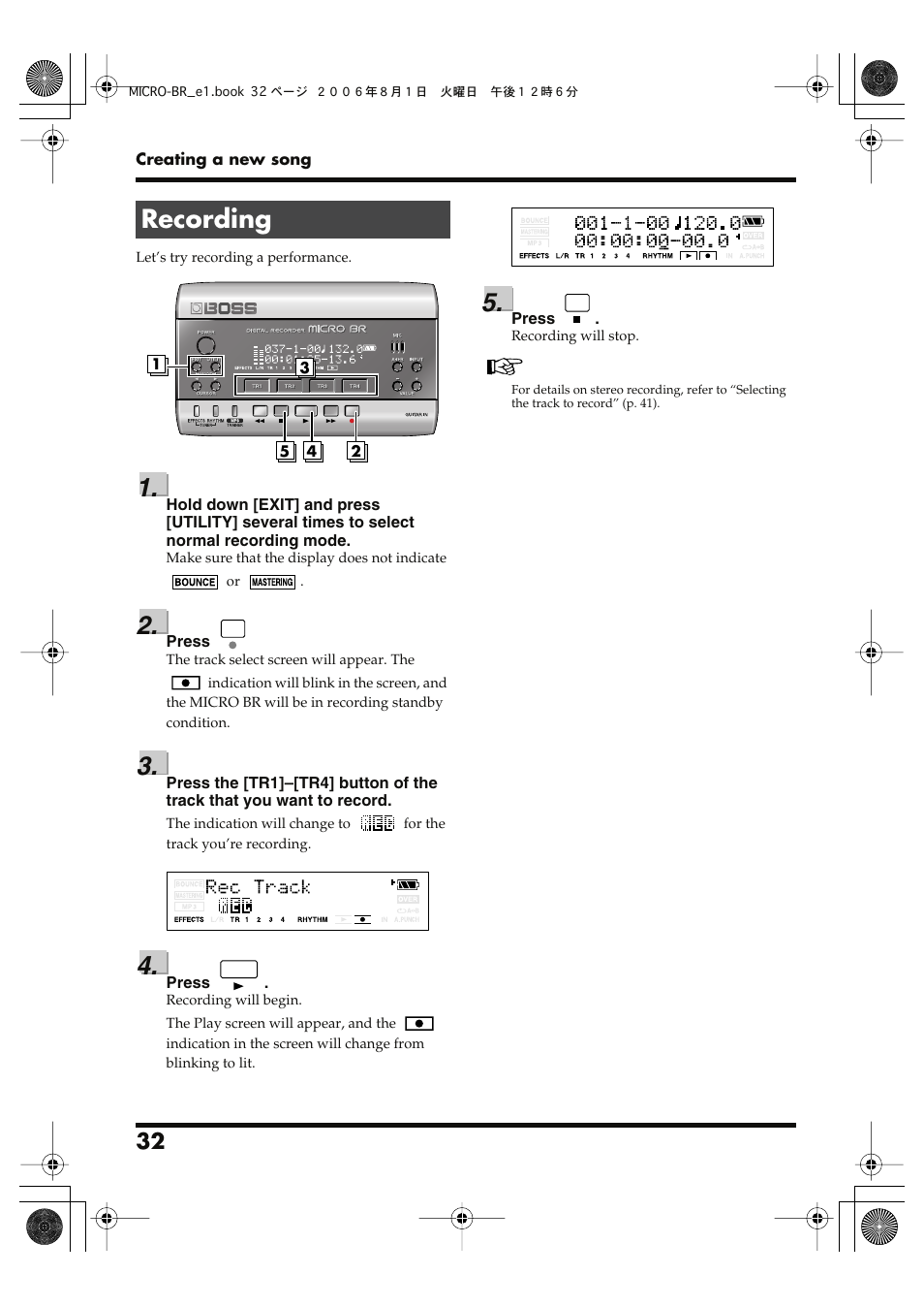 Recording | Roland BOSS DIGITAL RECORDER MICRO BR User Manual | Page 32 / 132