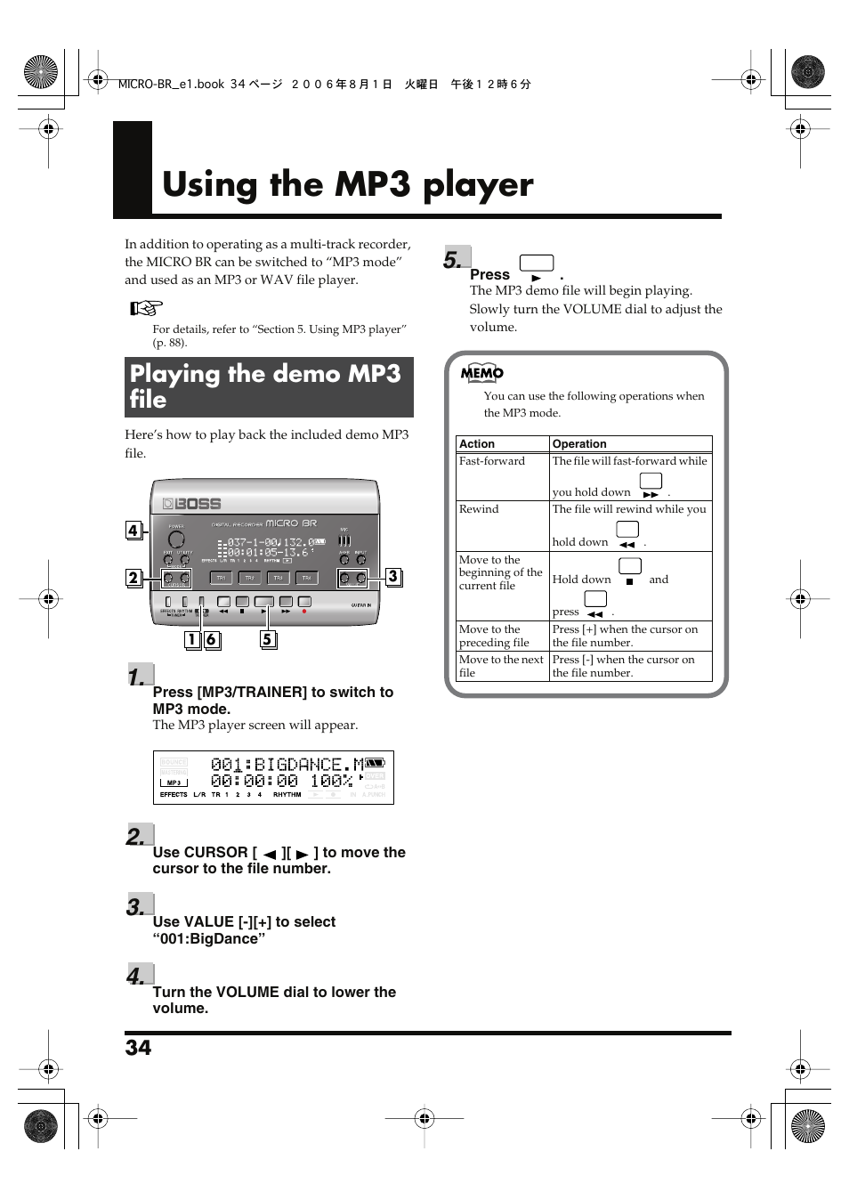 Using the mp3 player, Playing the demo mp3 file | Roland BOSS DIGITAL RECORDER MICRO BR User Manual | Page 34 / 132