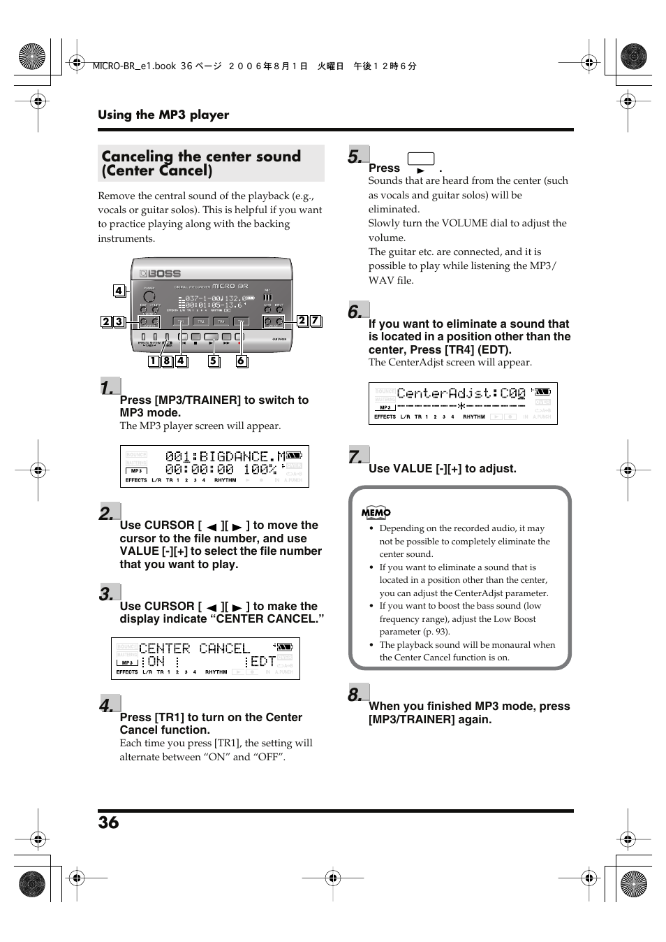 Canceling the center sound (center cancel) | Roland BOSS DIGITAL RECORDER MICRO BR User Manual | Page 36 / 132