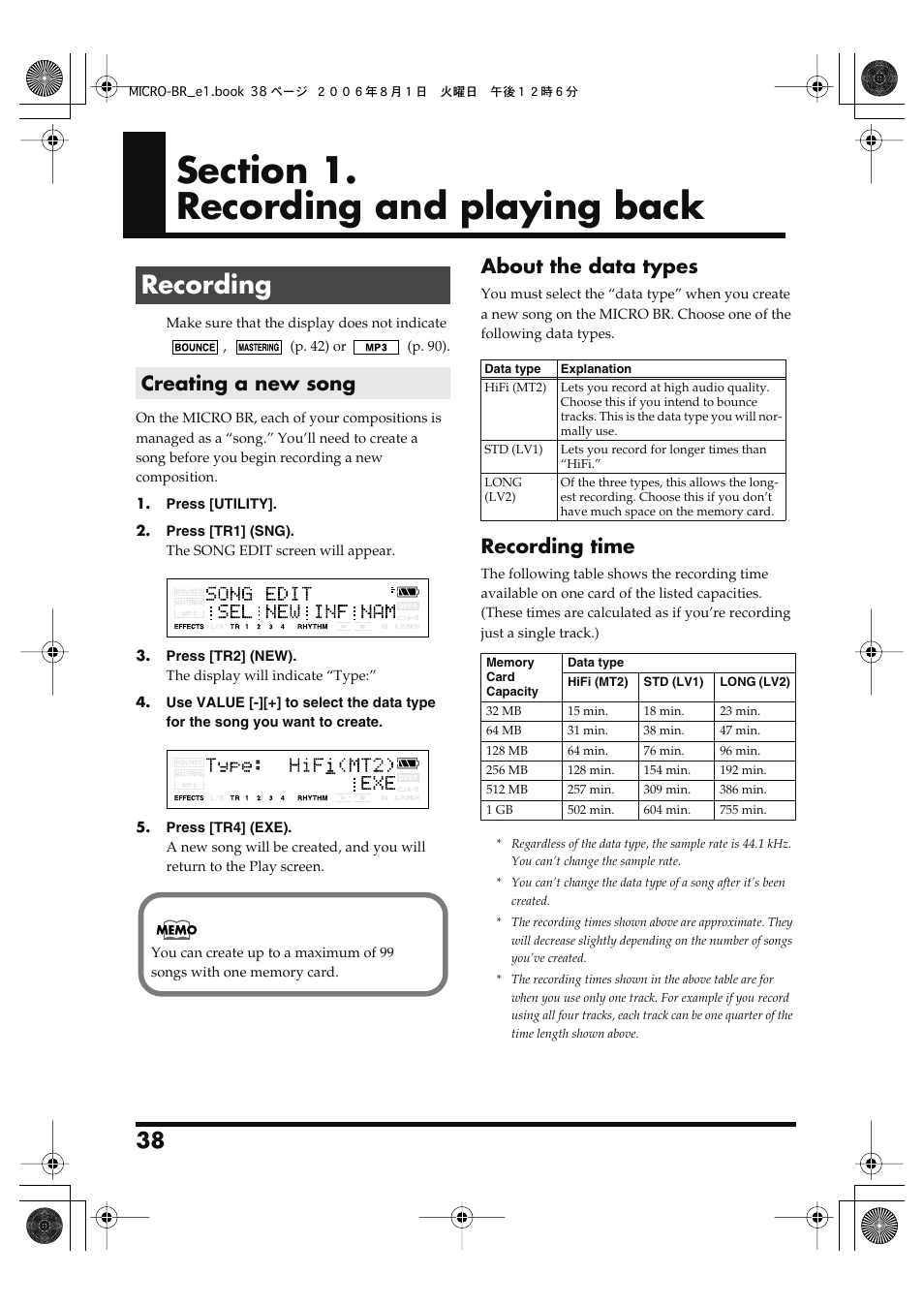 Section 1. recording and playing back, Recording, Creating a new song | Section 1. recording and playing back” (p. 38), About the data types, Recording time | Roland BOSS DIGITAL RECORDER MICRO BR User Manual | Page 38 / 132