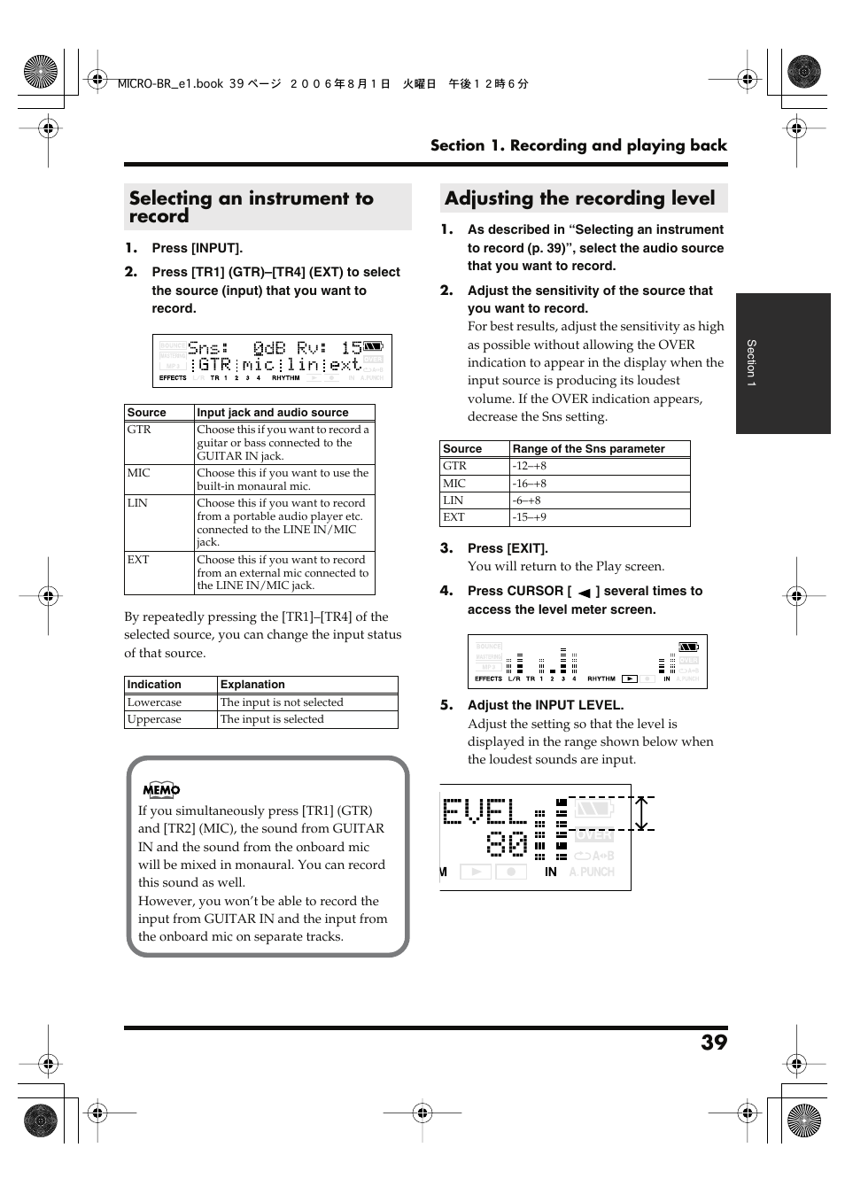 Selecting an instrument to record, Adjusting the recording level, Adjusting the recording level” (p. 39) | To “selecting an instrument to record” (p. 39) | Roland BOSS DIGITAL RECORDER MICRO BR User Manual | Page 39 / 132