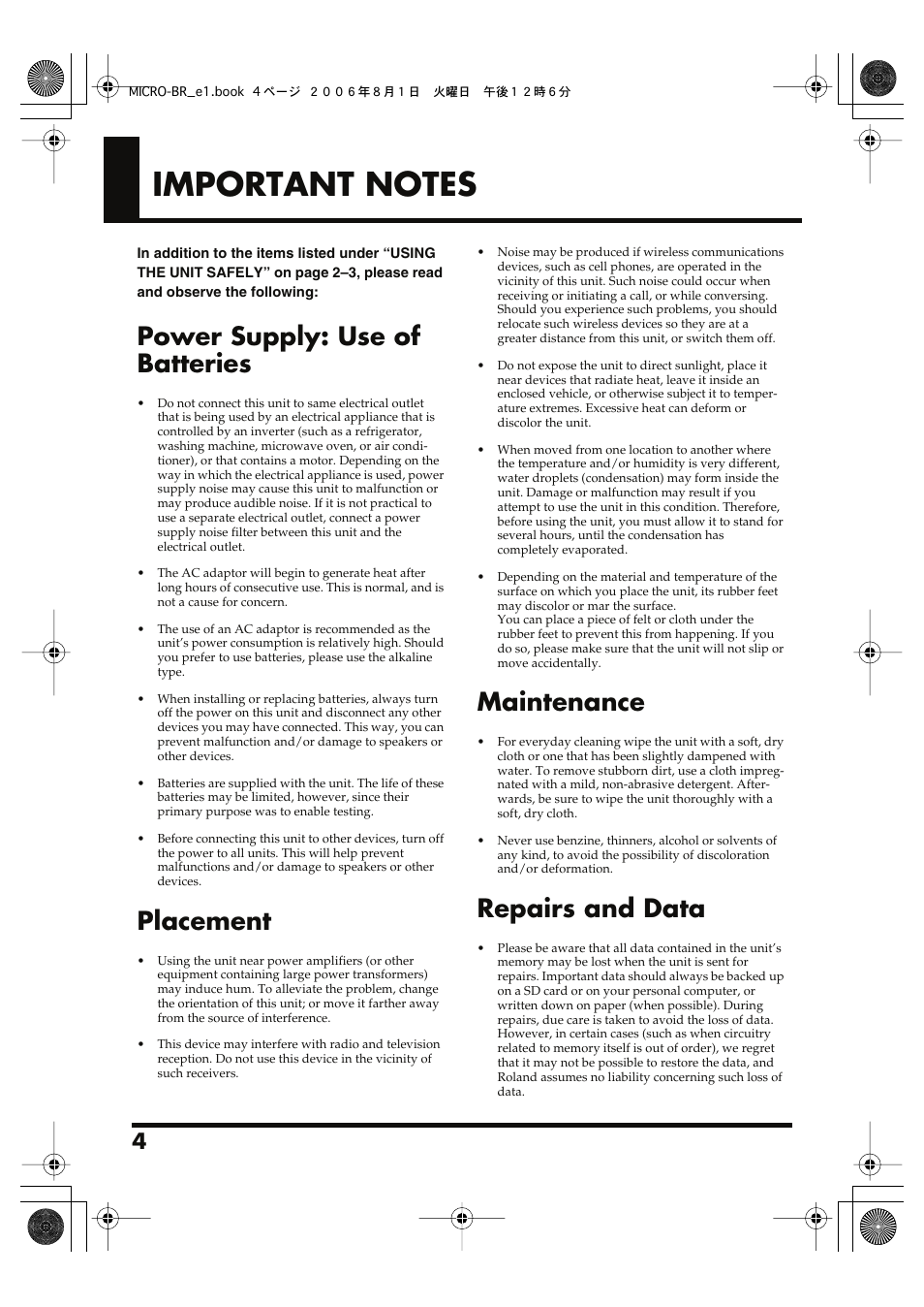 Important notes, Power supply: use of batteries, Placement | Maintenance, Repairs and data | Roland BOSS DIGITAL RECORDER MICRO BR User Manual | Page 4 / 132