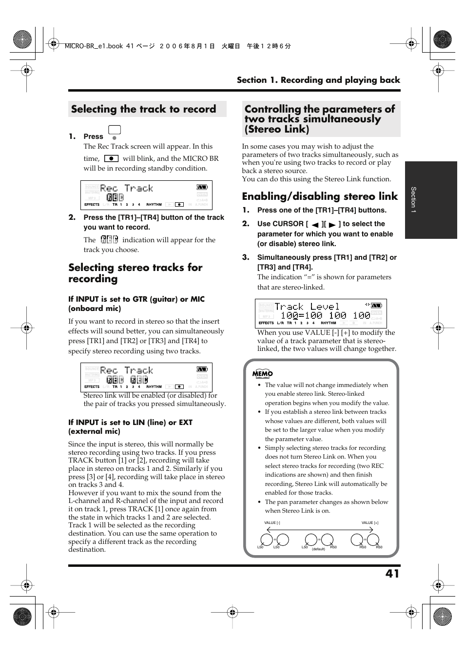 Selecting the track to record, Selecting stereo tracks for recording, Enabling/disabling stereo link | Roland BOSS DIGITAL RECORDER MICRO BR User Manual | Page 41 / 132