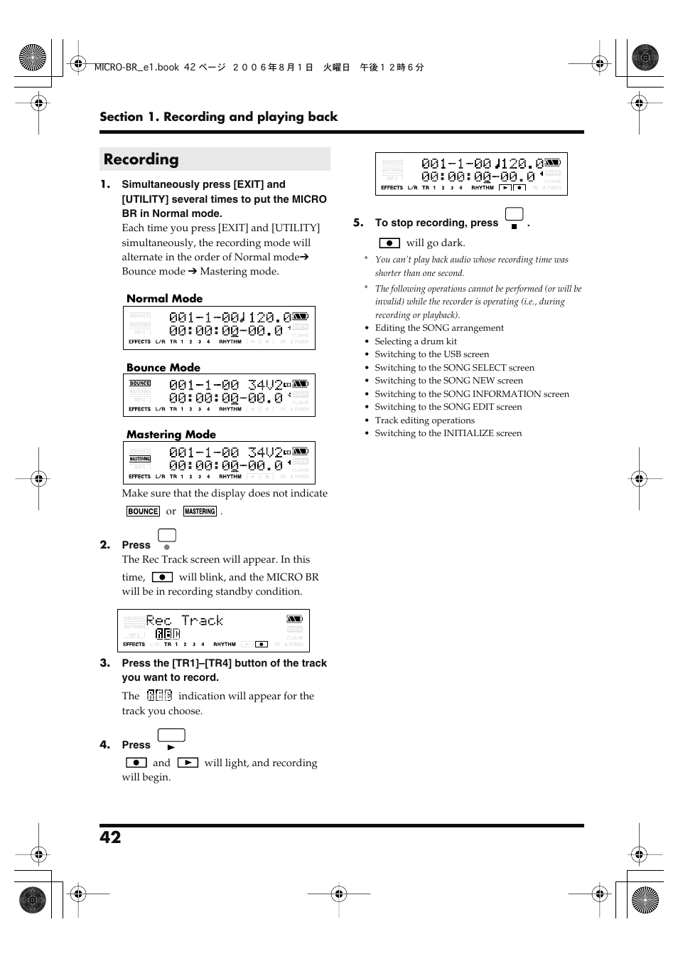 Recording | Roland BOSS DIGITAL RECORDER MICRO BR User Manual | Page 42 / 132