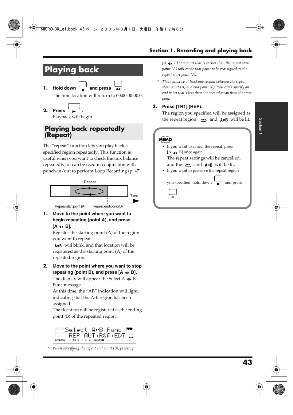 Playing back, Playing back repeatedly (repeat) | Roland BOSS DIGITAL RECORDER MICRO BR User Manual | Page 43 / 132