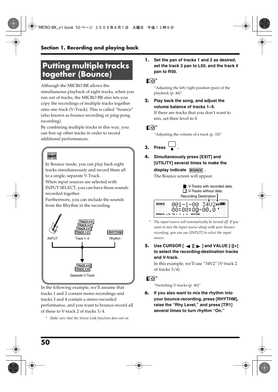 Putting multiple tracks together (bounce), Putting multiple tracks together (bounce)” (p. 50) | Roland BOSS DIGITAL RECORDER MICRO BR User Manual | Page 50 / 132