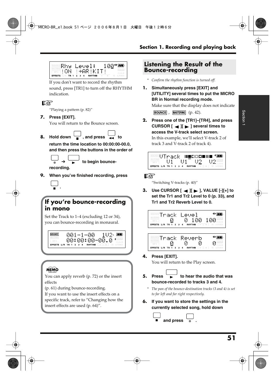 Listening the result of the bounce-recording, If you’re bounce-recording in mono | Roland BOSS DIGITAL RECORDER MICRO BR User Manual | Page 51 / 132