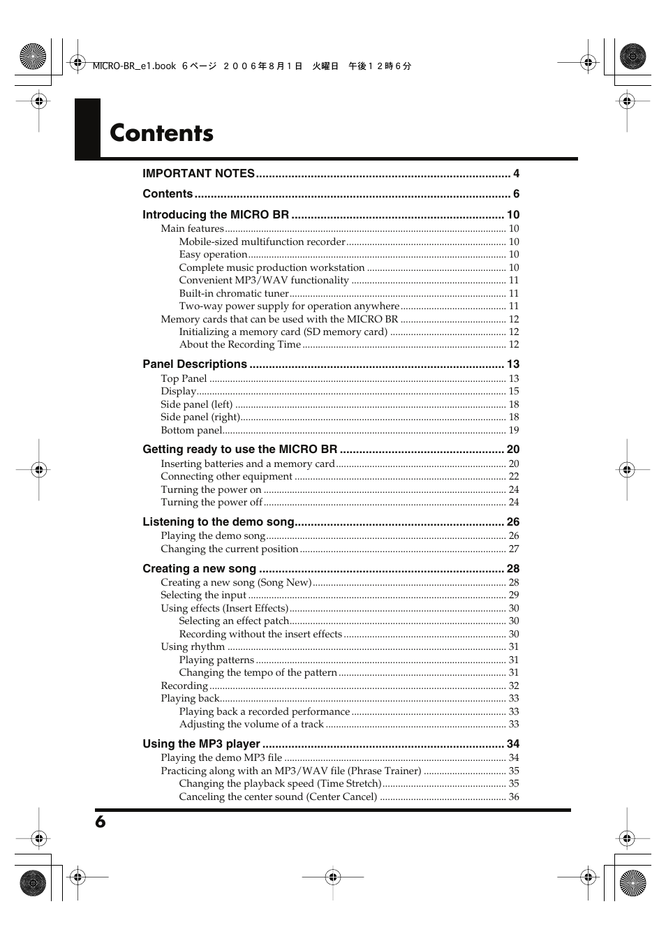 Roland BOSS DIGITAL RECORDER MICRO BR User Manual | Page 6 / 132