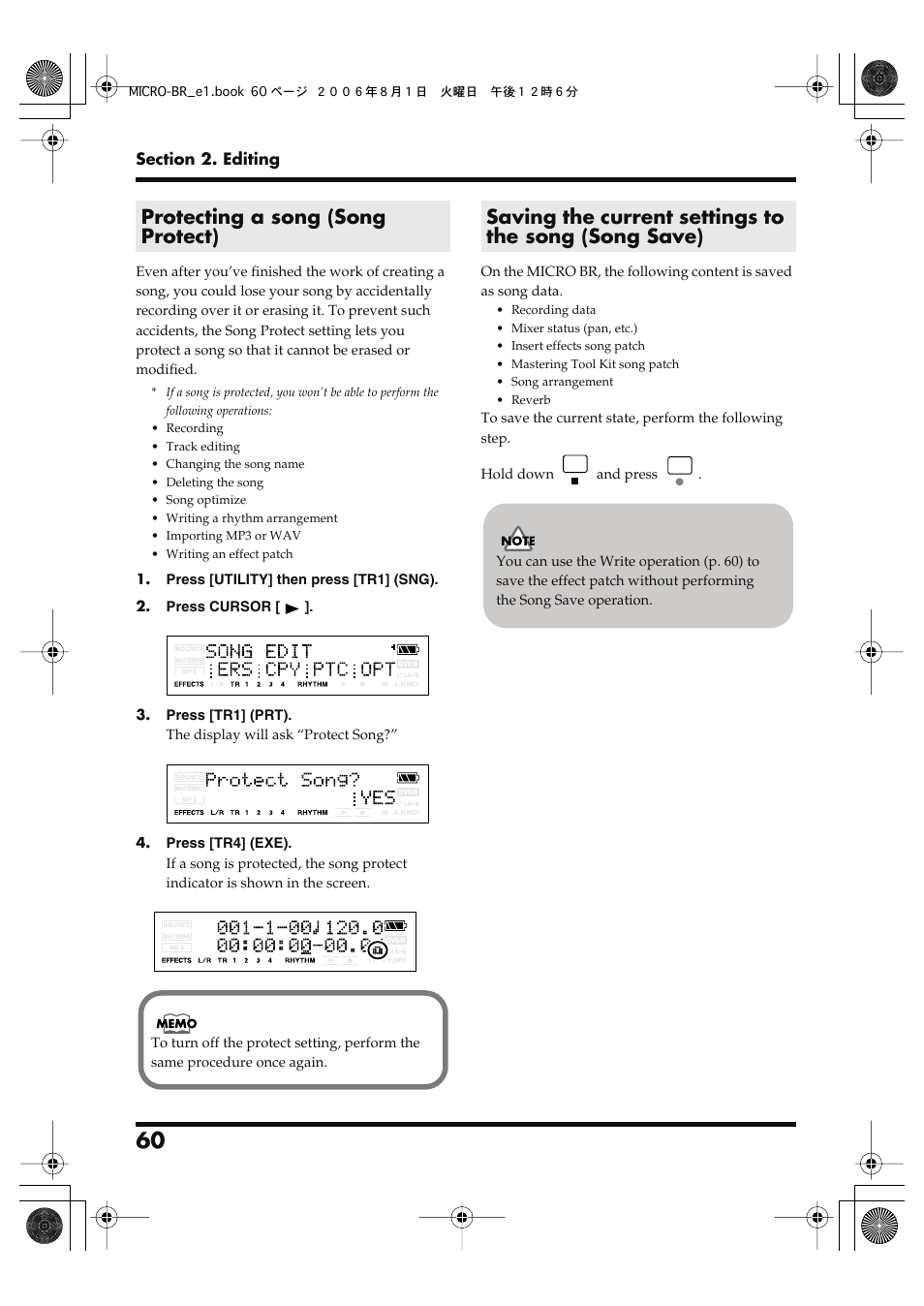 Protecting a song (song protect) | Roland BOSS DIGITAL RECORDER MICRO BR User Manual | Page 60 / 132