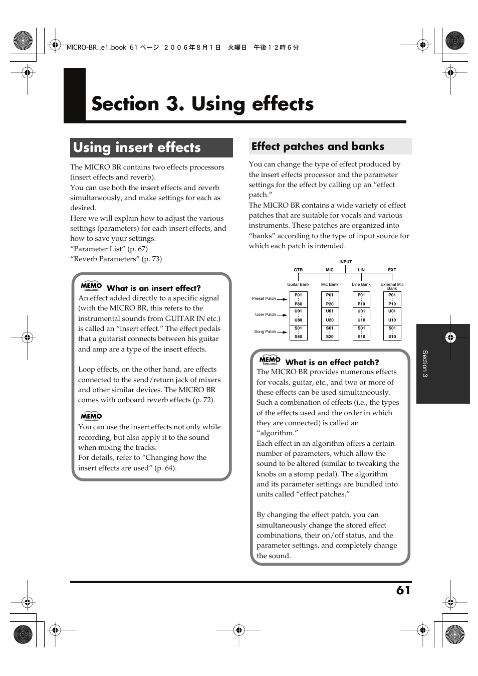 Section 3. using effects, Using insert effects, Effect patches and banks | Using insert effects” (p. 61), P. 61) during bounce-recording | Roland BOSS DIGITAL RECORDER MICRO BR User Manual | Page 61 / 132